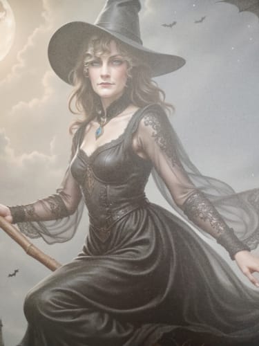 Customer's personalized 'The Poised Witch' portrait, showing a woman in a detailed black dress and hat on a broom.