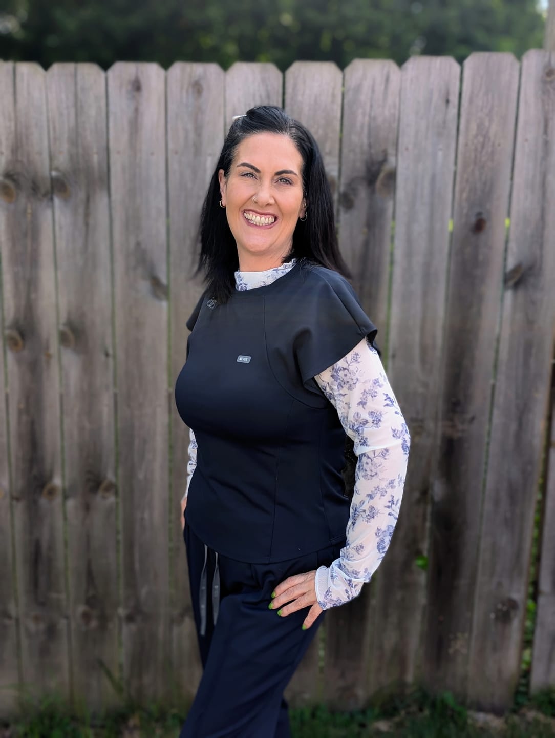 Customer photo review of White Long Sleeve High Neck Mesh Top With Blue Floral Pattern