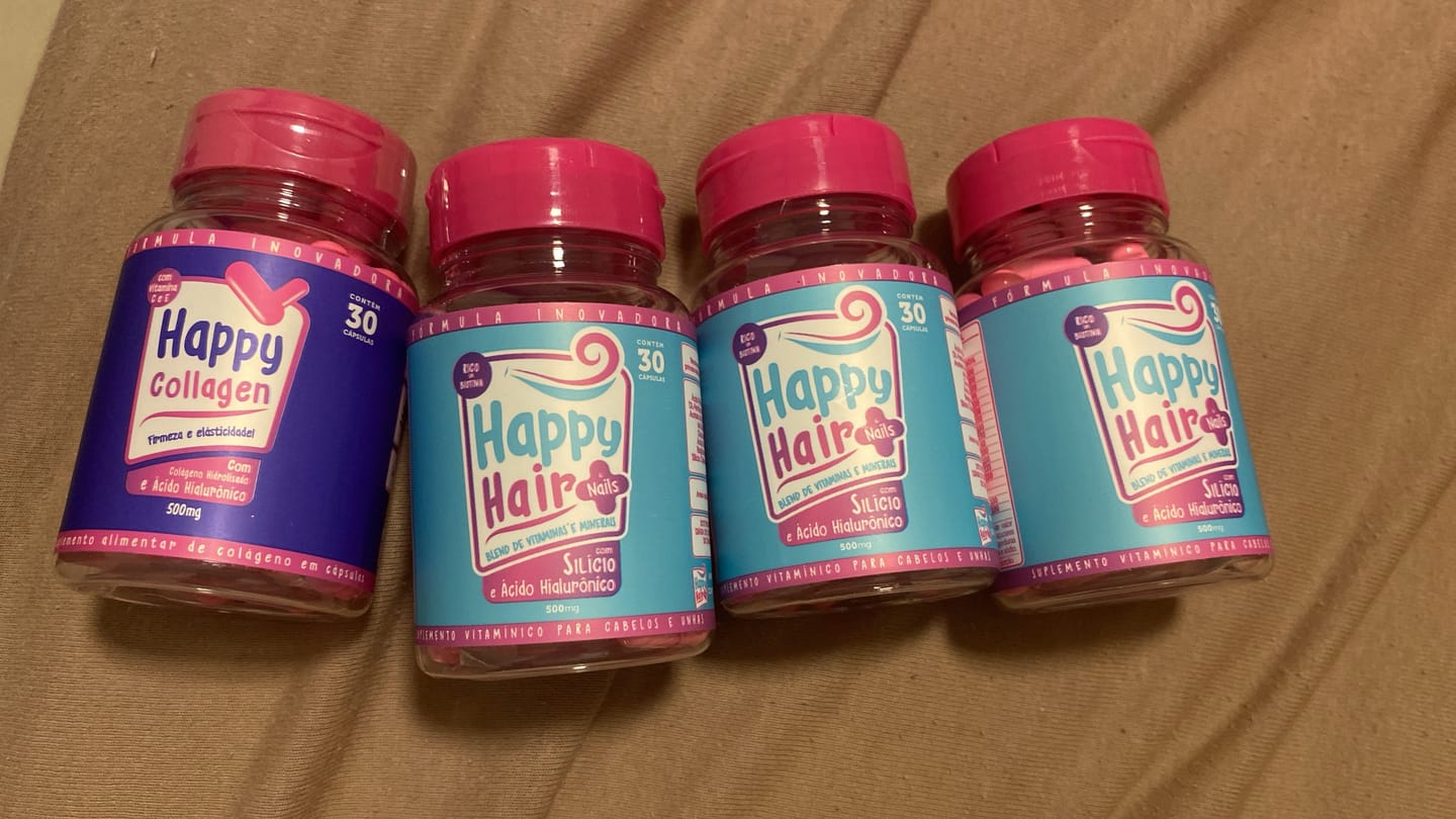 Customer photo review of Happy Hair 3 Potes + 1 Colágeno Grátis