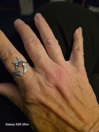 Customer photo review of Personalized Memorial Hummingbird Leaf Ring - Those we love don't go away they fly beside us every day