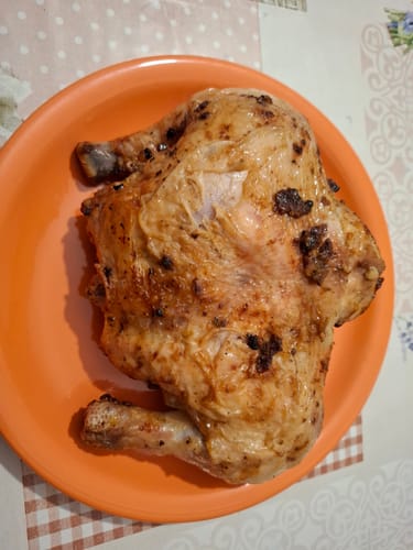 Recenzent prezintă puiul întreg, rumenit și crocant, gătit cu air fryer-ul Novio StonePro, așezat pe o farfurie.