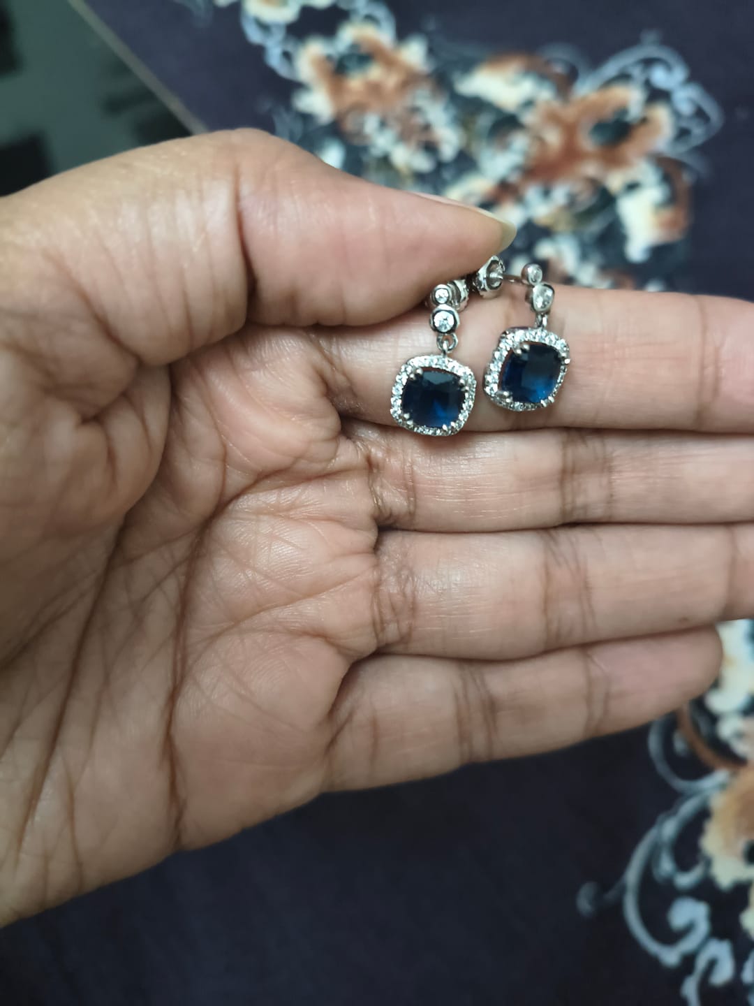 Customer photo review of Silver Sapphire Blue Halo Earrings