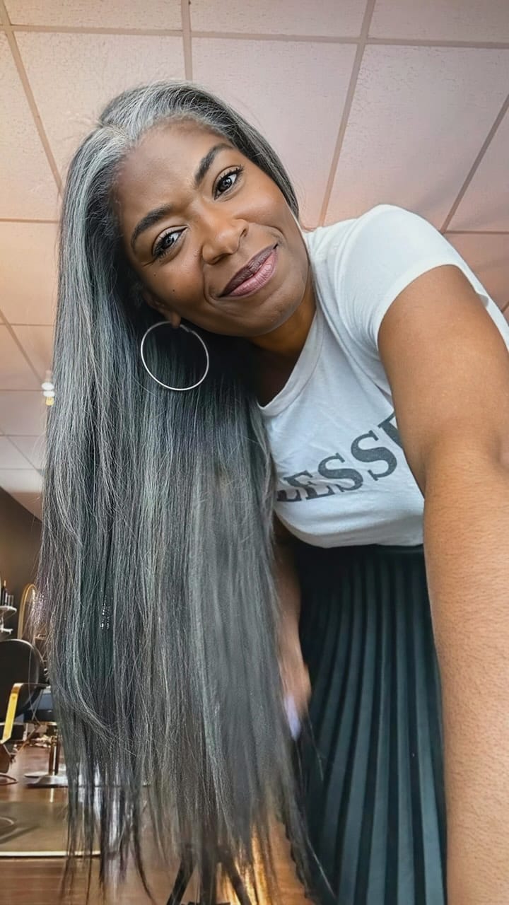 Customer photo review of Luvwin Salt & Pepper Gray Beginner Friendly Glueless Straight Wig 100% Human Hair
