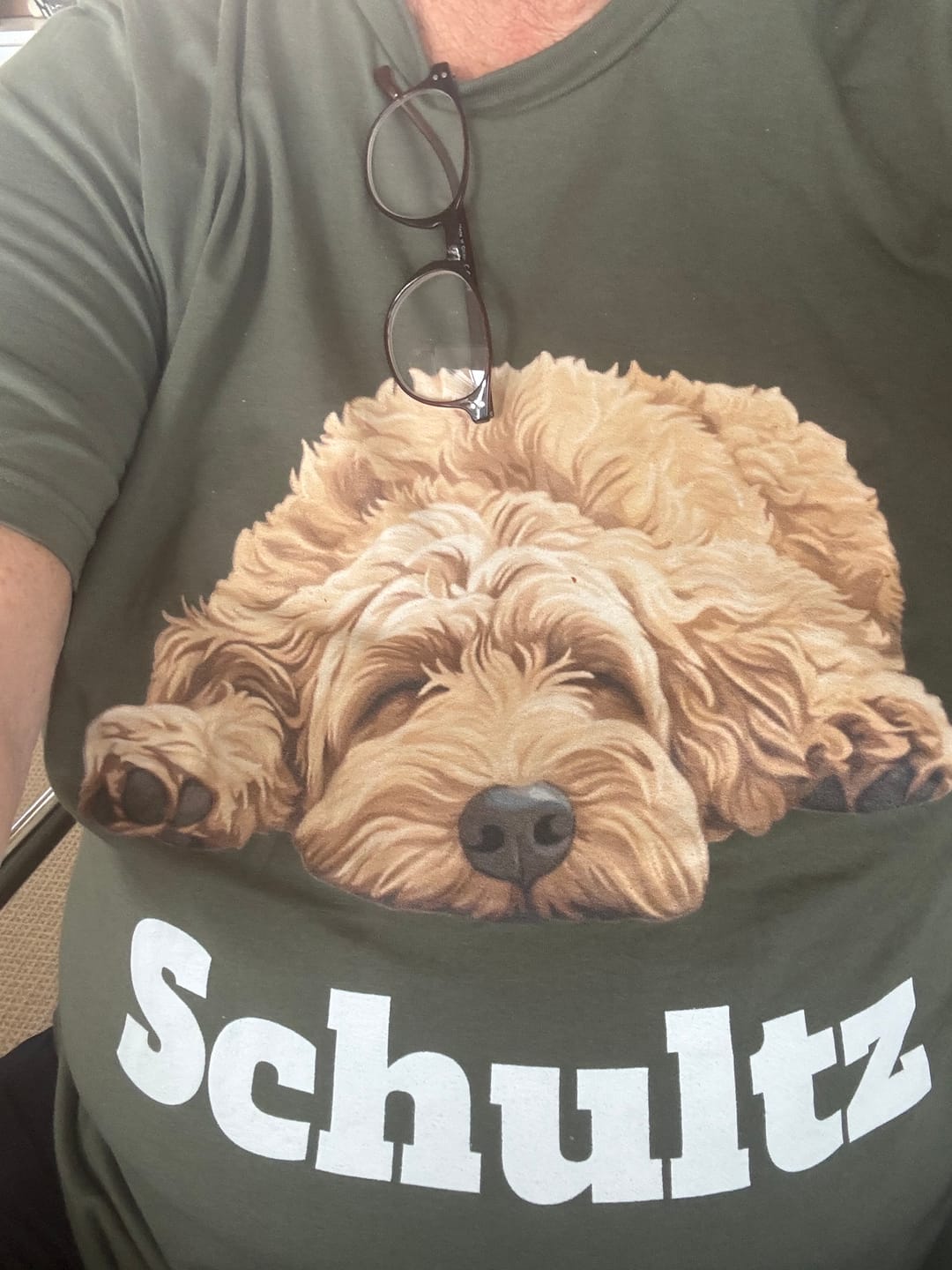 Customer photo review of Custom Golden Sleeping Doodle T-Shirt