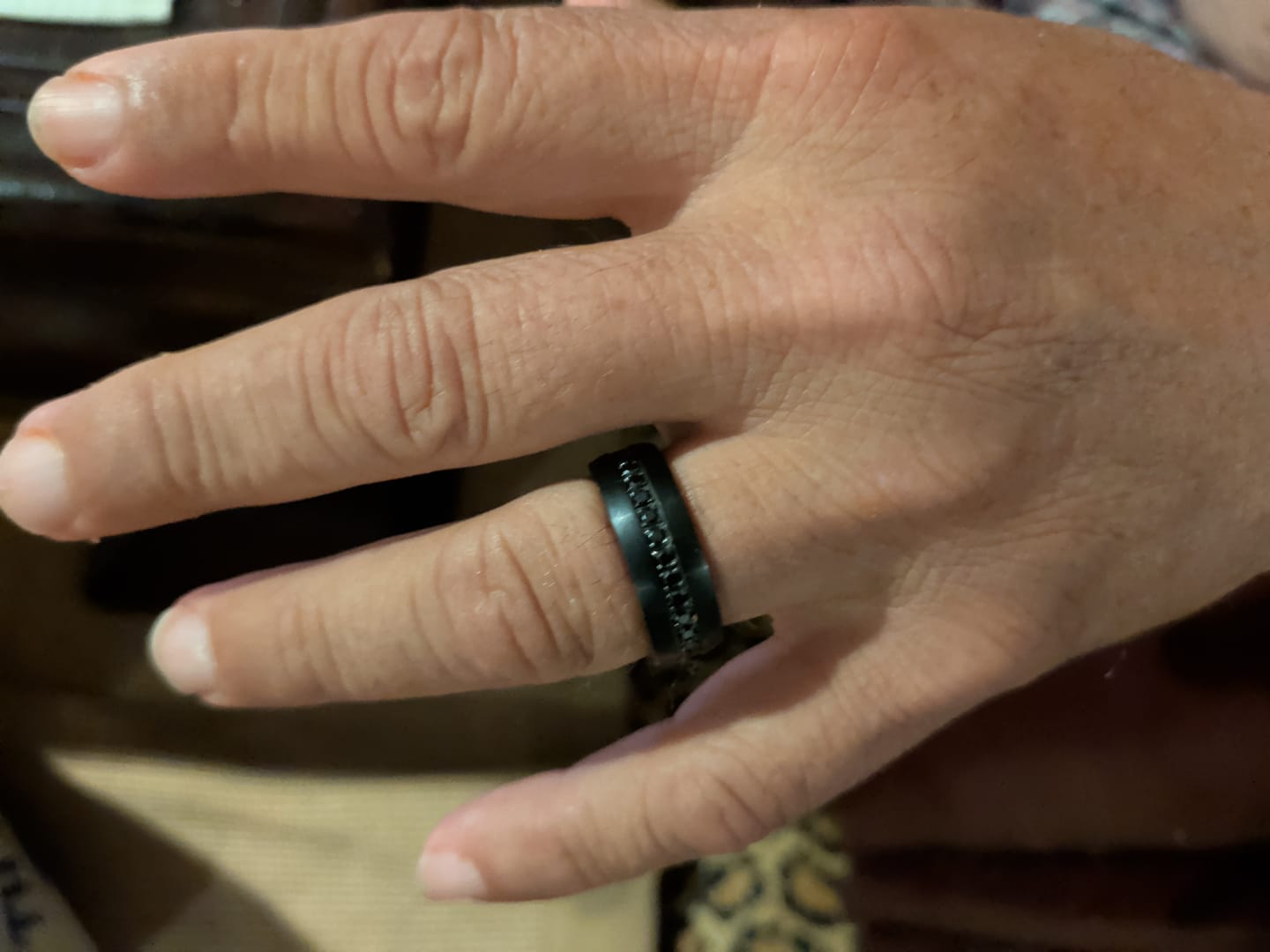 Customer photo review of 8mm Black Tungsten Wedding Band with Black Sapphires