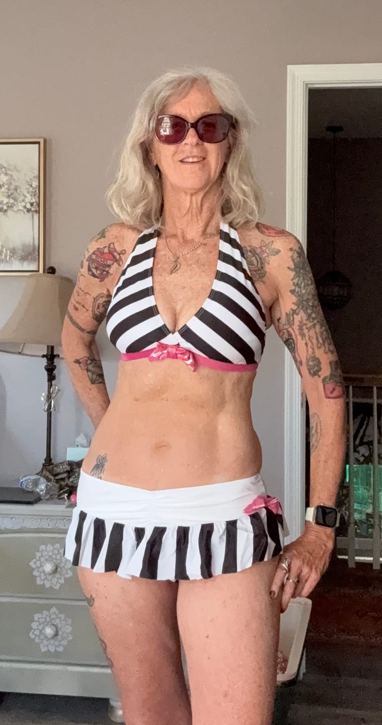 Customer photo review of Black & White 1950s Stripe Bow Halter Bikini