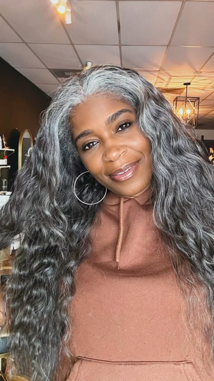Customer photo review of Luvwin Salt and Pepper Indian Wavy Natural Gray Human Hair Bundle Hair Extensions