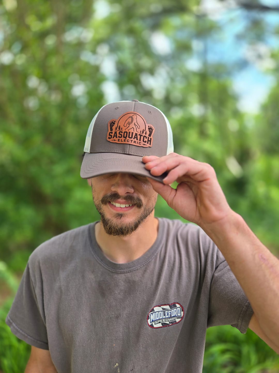 Customer photo review of Custom Leather Patch Trucker Hat - Richardson 112