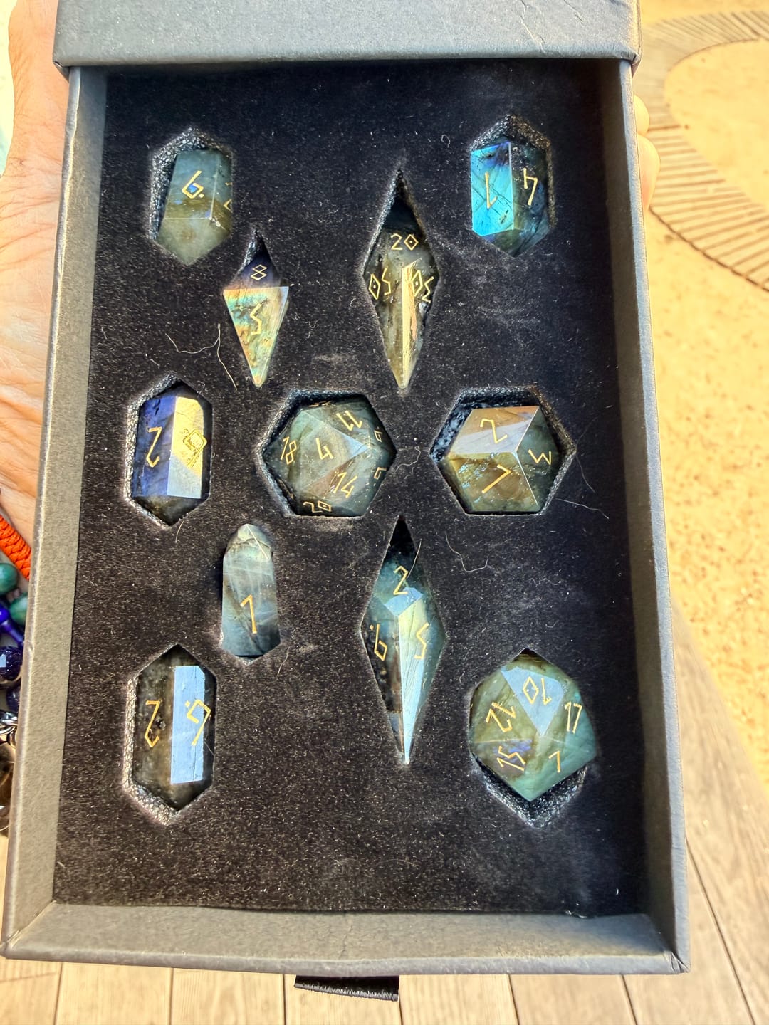 Customer photo review of URWizards D&D Labradorite Gemstone Dice Set Crystal Shape