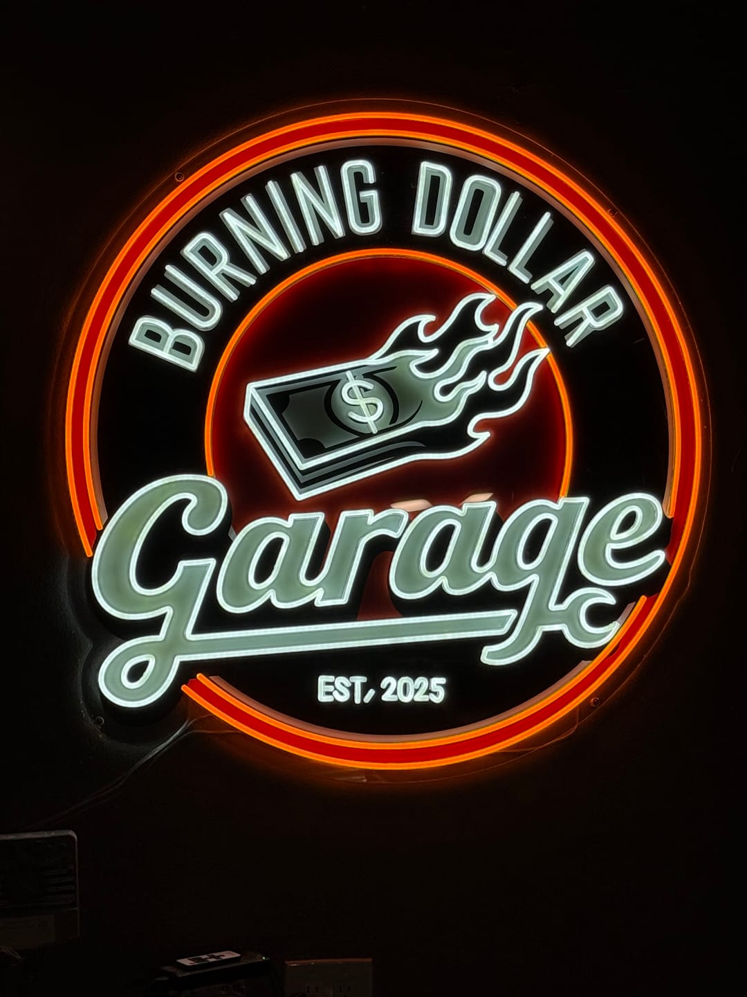 Customer photo review of Burning Dollar Garage - Premium Neon Artwork