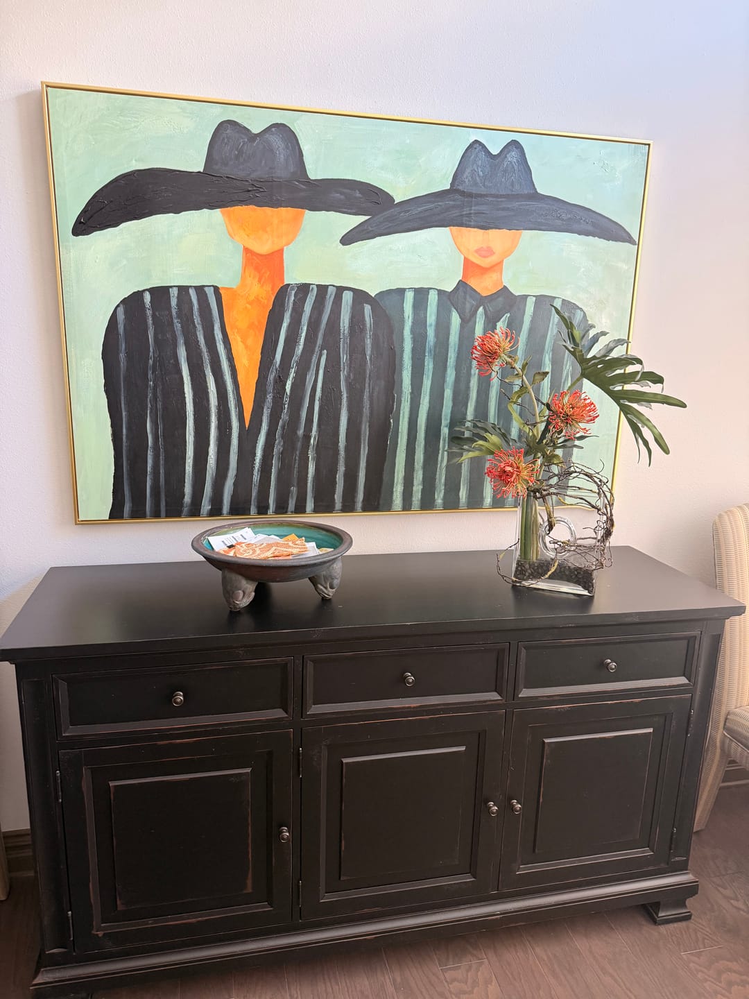 Customer photo review of The Sage Echo – Modernist Sage Green Striped Figures Painting | Minimalist High-End Entryway Art