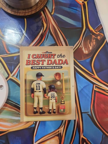 Customer's personalized baseball plaque for their dad, showing figures named Jim and Jaime with the text 'I Caught the Best Dada'.