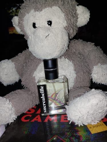 Customer's Rainbow Bridge perfume bottle held by a gray and white stuffed monkey toy.