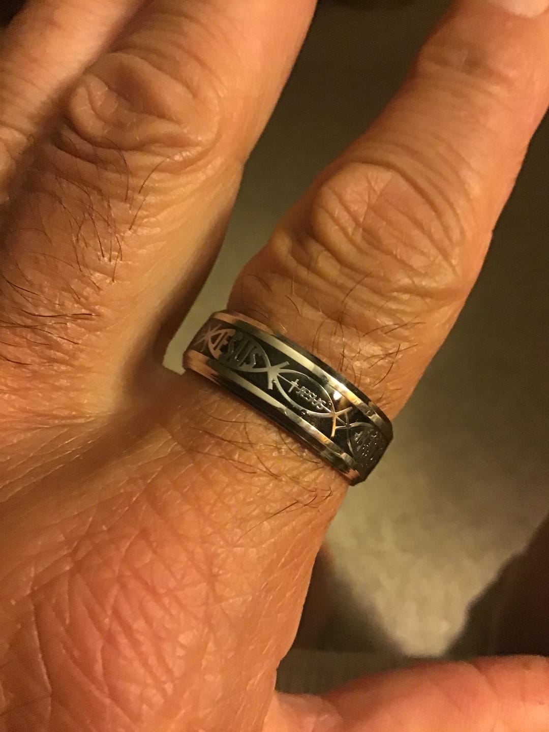 Customer photo review of FREE Today: Rustic Ichthys Jesus Fish Sparkle Ring - Faith and Devotion