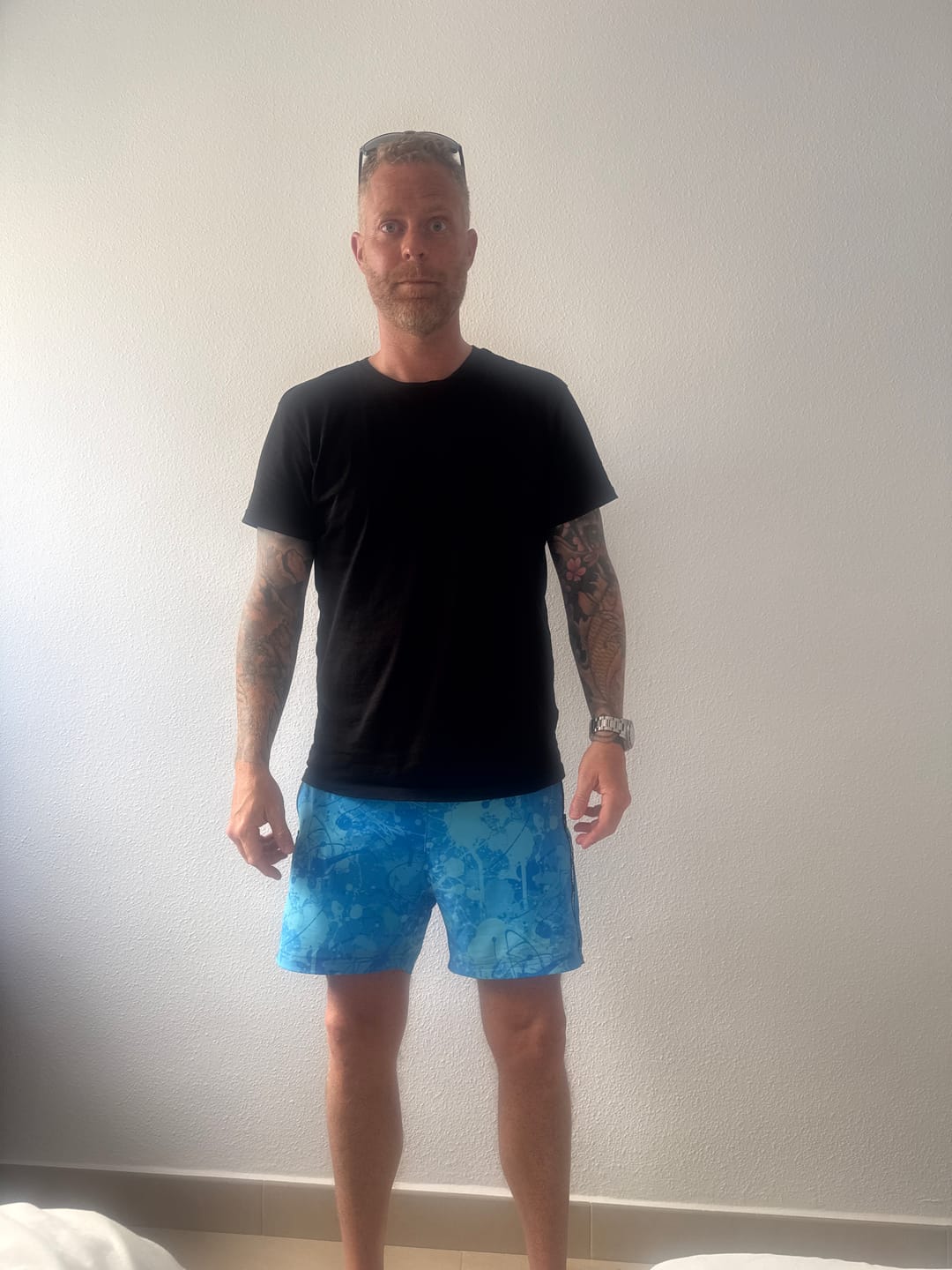 Customer photo review of Splatter Swim Shorts Blue - 5"