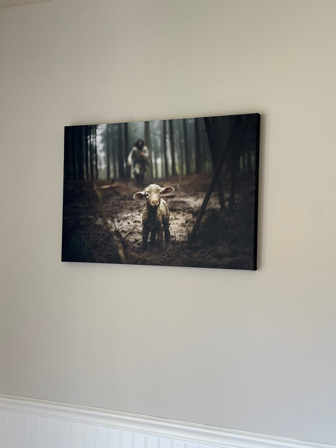 Customer photo review of Jesus Running After a Lost Lamb, Jesus and Lamb Picture, Wall Art Canvas