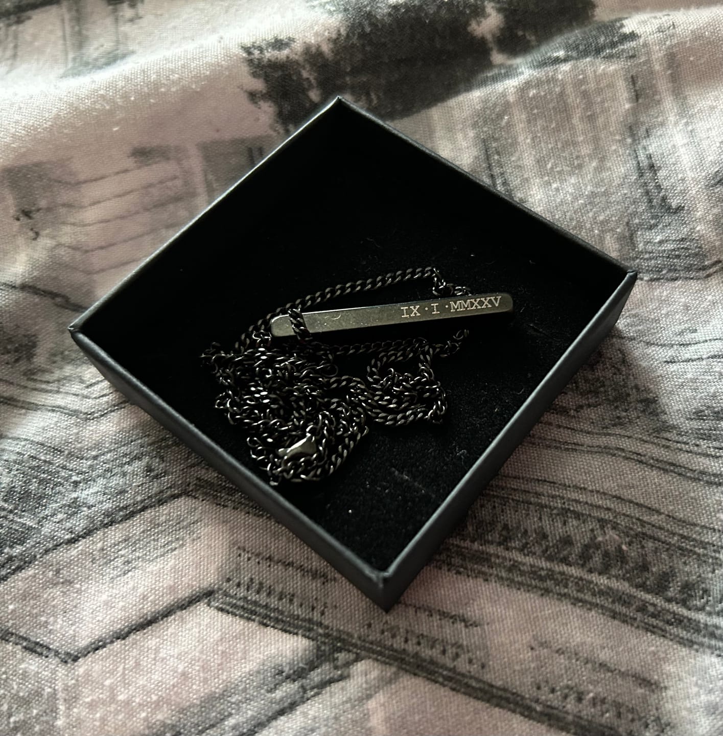 Customer photo review of Black Personalised Bar Necklace