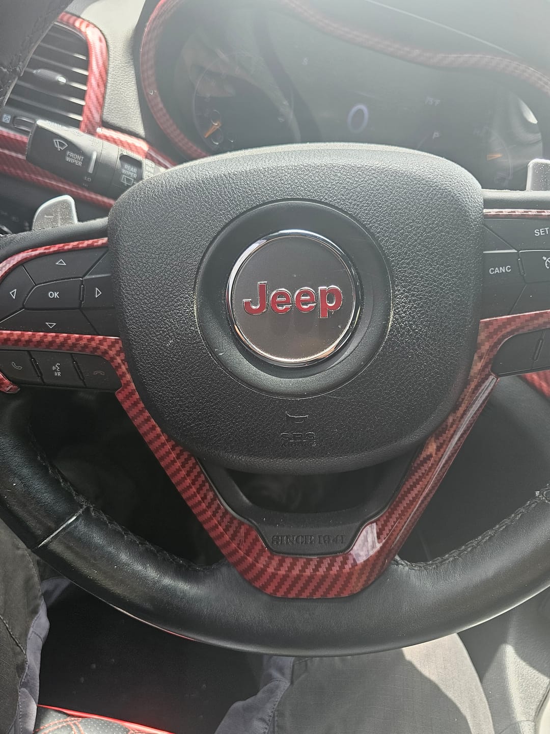 Customer photo review of JEEP Steering Wheel Emblem Overlay Decal — 30+ Colors & Designs (Flag, Topo, Animal, Solid)