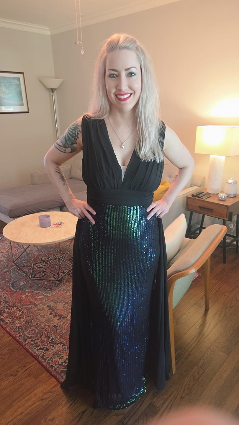 Customer photo review of Green 1930s Sequin Deep V Tulle Sleeveless Dress