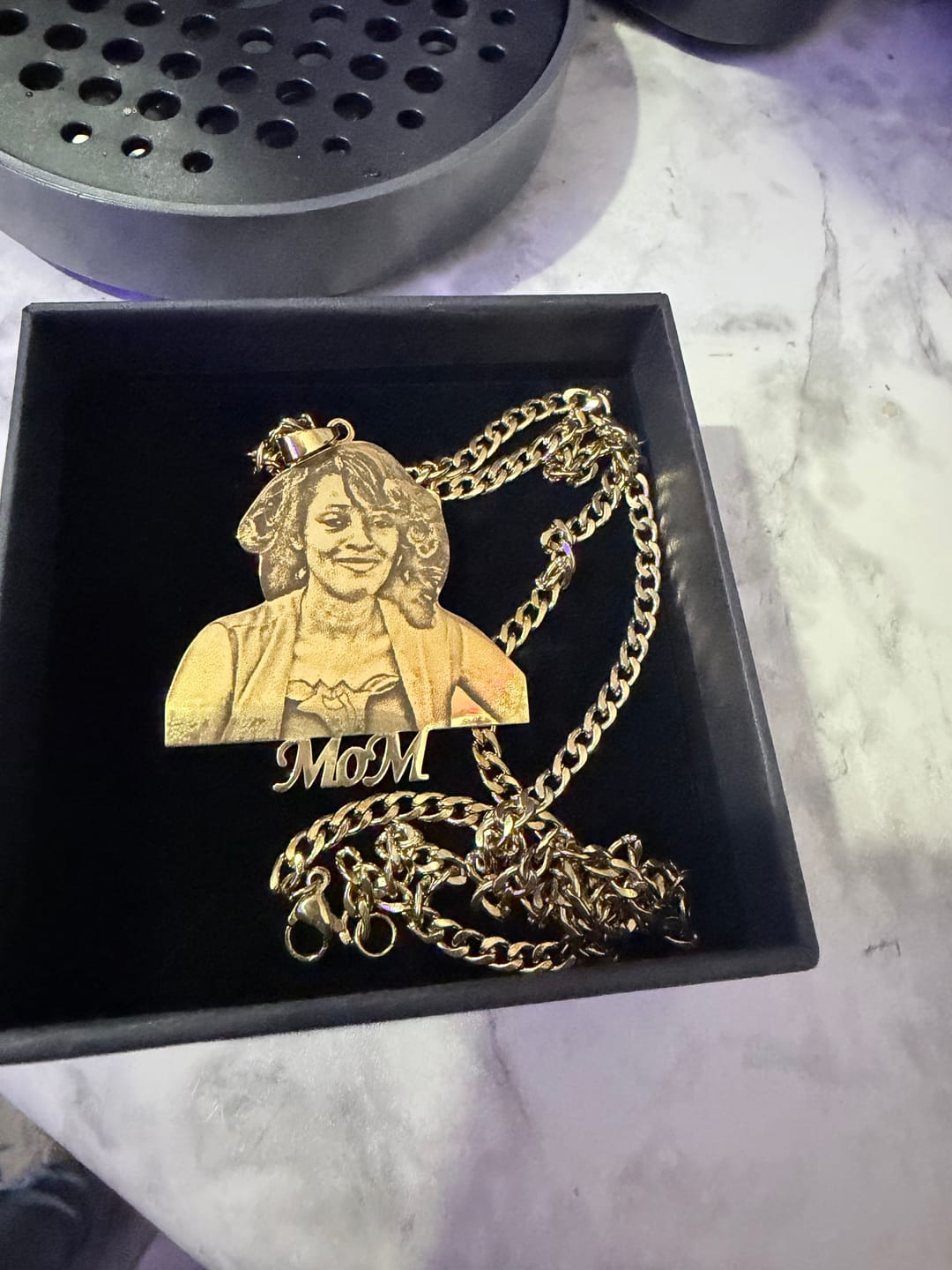 Customer photo review of Custom Photo Engraved Pendant Necklace