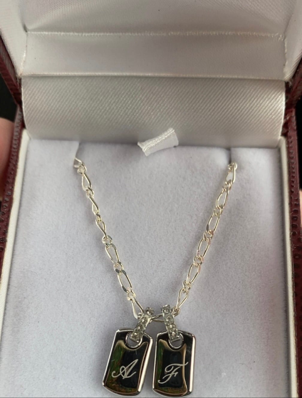 Customer photo review of Script Initial Letter Engraved Sapphire Tag Pendant