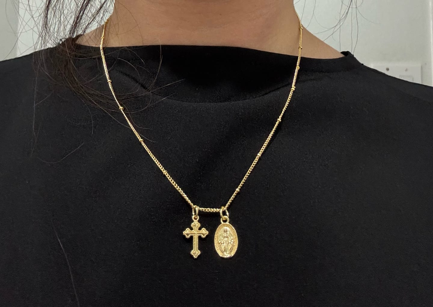 Customer photo review of Cross & Our Lady Dual Pendant Golden Necklace: Embody His Grace and Maternal Care