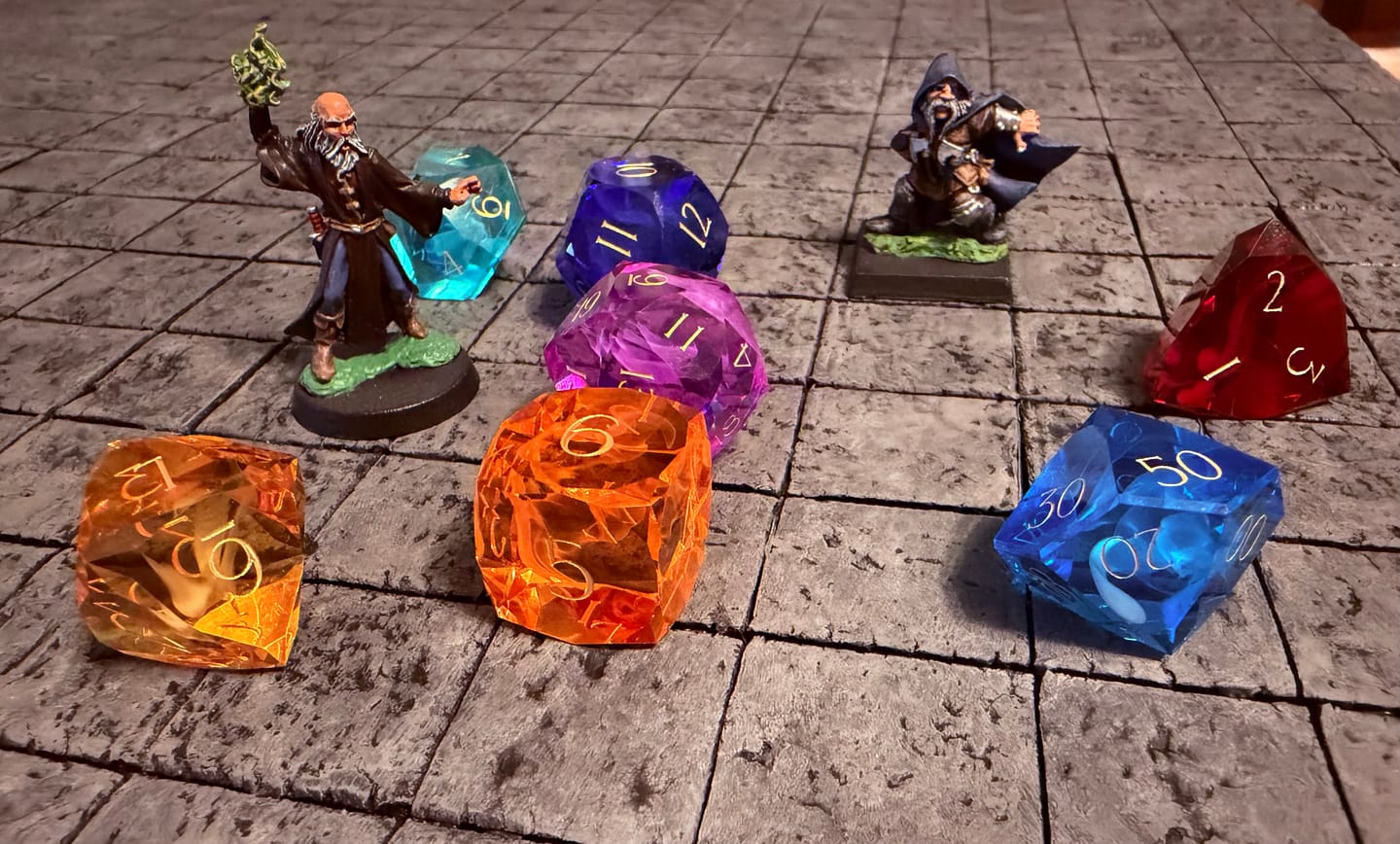 Customer photo review of URWizards D&D Resin Rainbow Engraved Dice Set Multi-faceted Style