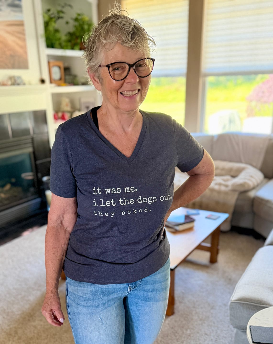 Customer photo review of I let the dogs out V-Neck
