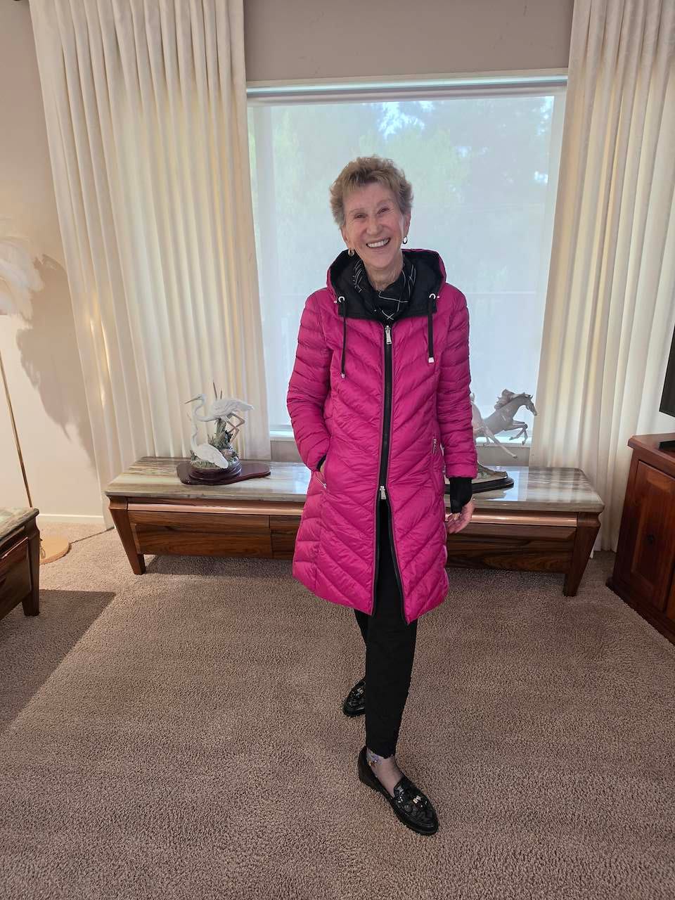 Customer photo review of Arnie Reversible Puffer Down Coat - Black/Rose Violet