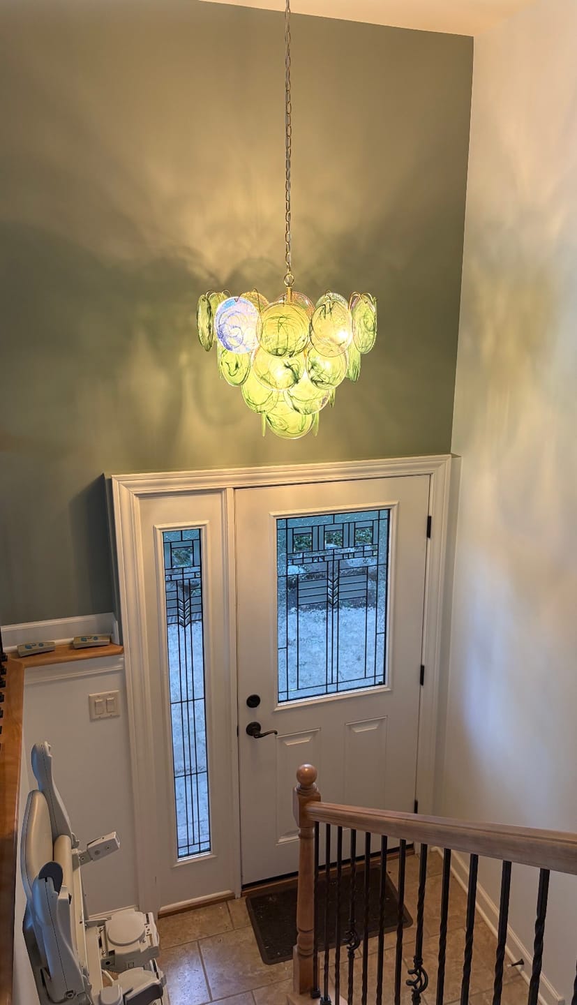 Customer photo review of Art Deco Green Iridescent Swirl Glass Tiered Chandelier