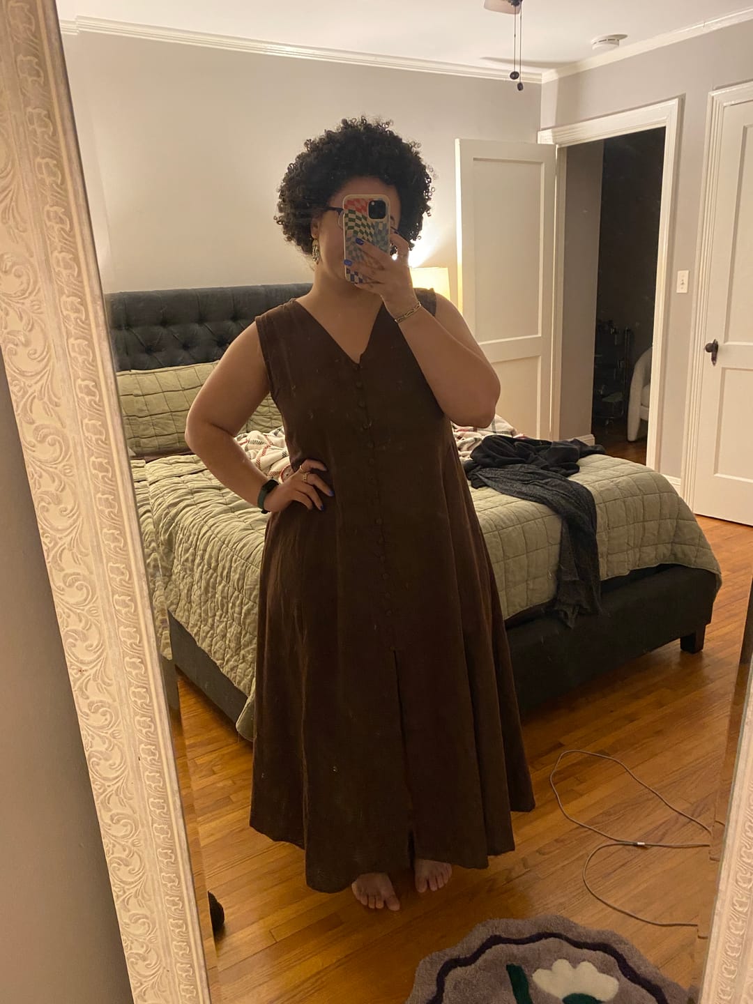 Customer photo review of Brown Cotton Flax A-Line Front Slit Maxi Dress