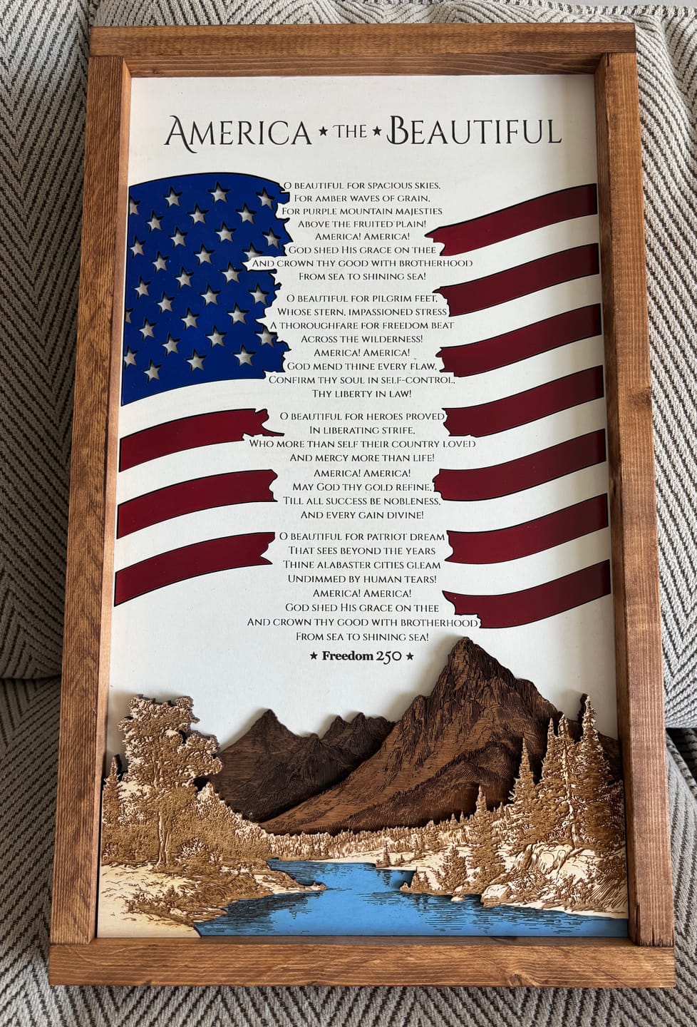 Customer photo review of America The Beautiful Sign | Patriotic Laser Engraved & Framed Wall Art