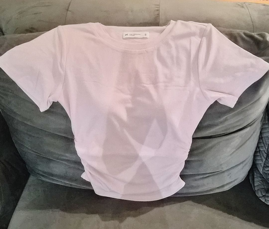 Customer photo review of Soft Stretch Crew Neck Ruched Padded Tee