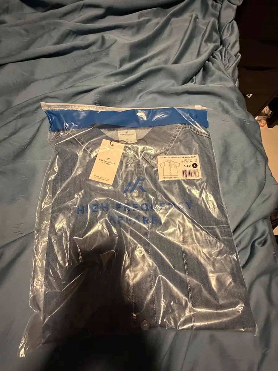 Customer photo review of Oversized Short Sleeve Denim Shirt