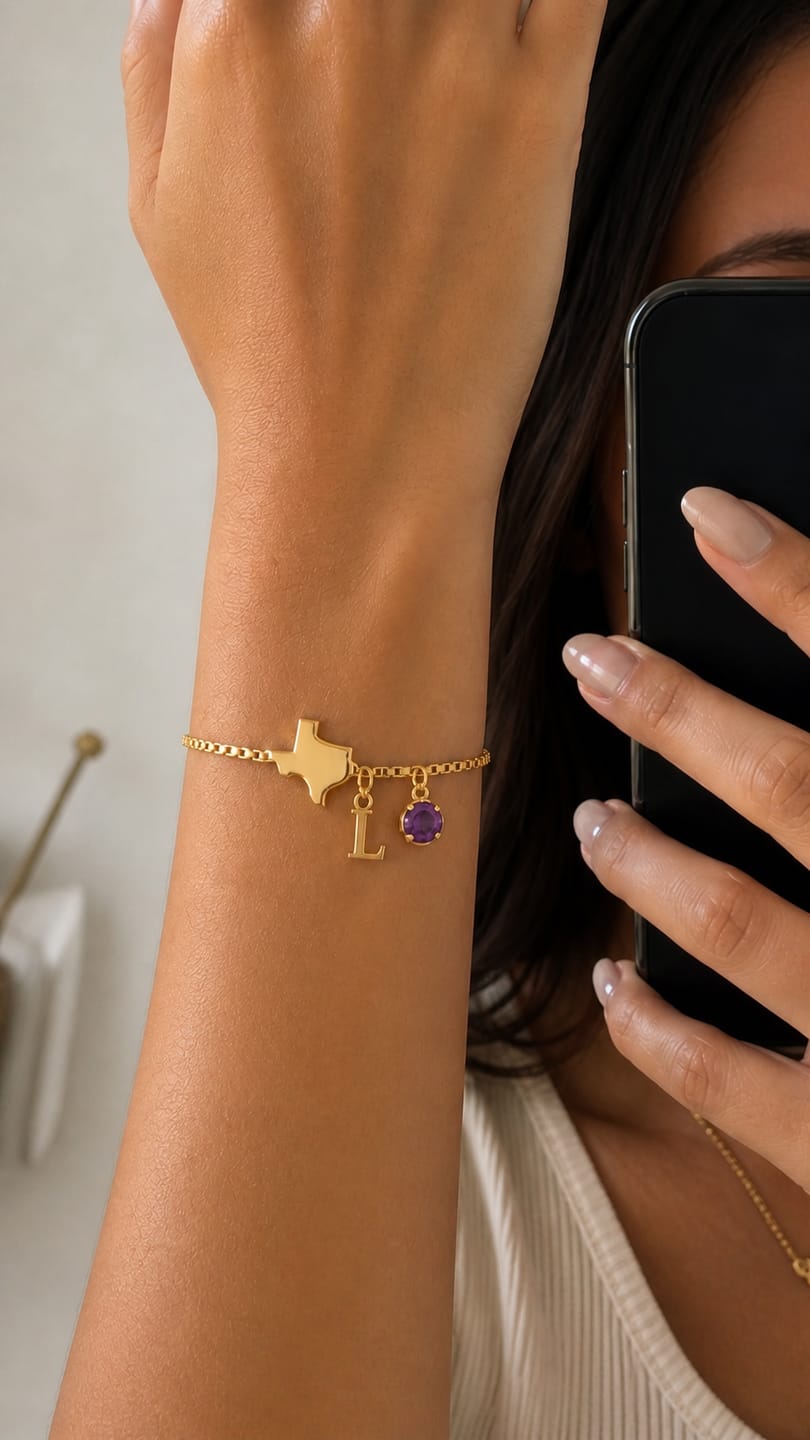 Customer photo review of Exclusive Texas initial birthstone Bracelet