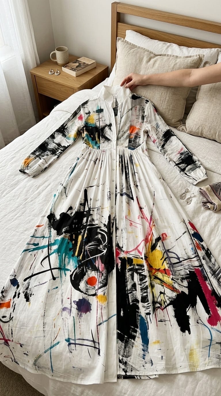 Customer photo review of Long Sleeves Loose Buttoned Pleated Pockets Printed Split-Joint Stand Collar Maxi Dresses Shirt Dress