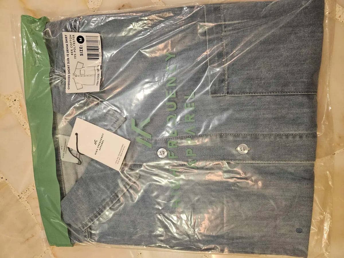 Customer photo review of Oversized Short Sleeve Denim Shirt