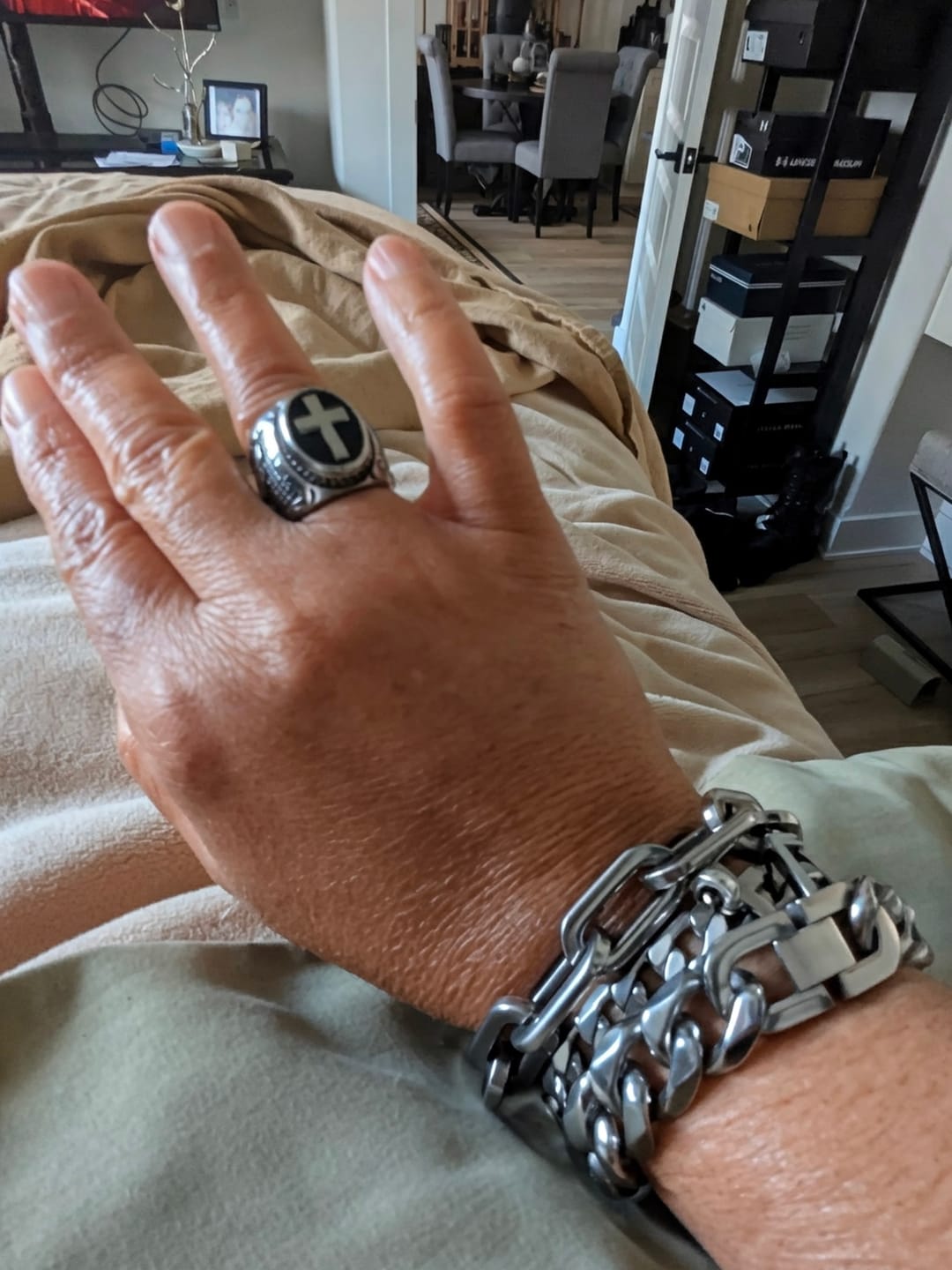 Customer photo review of Christianartworkshop Retro Cross "Hand of God" Titanium Religion Ring