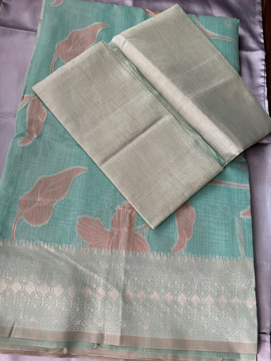 Customer photo review of Fern Green Linen Silk Saree having Floral Zari work