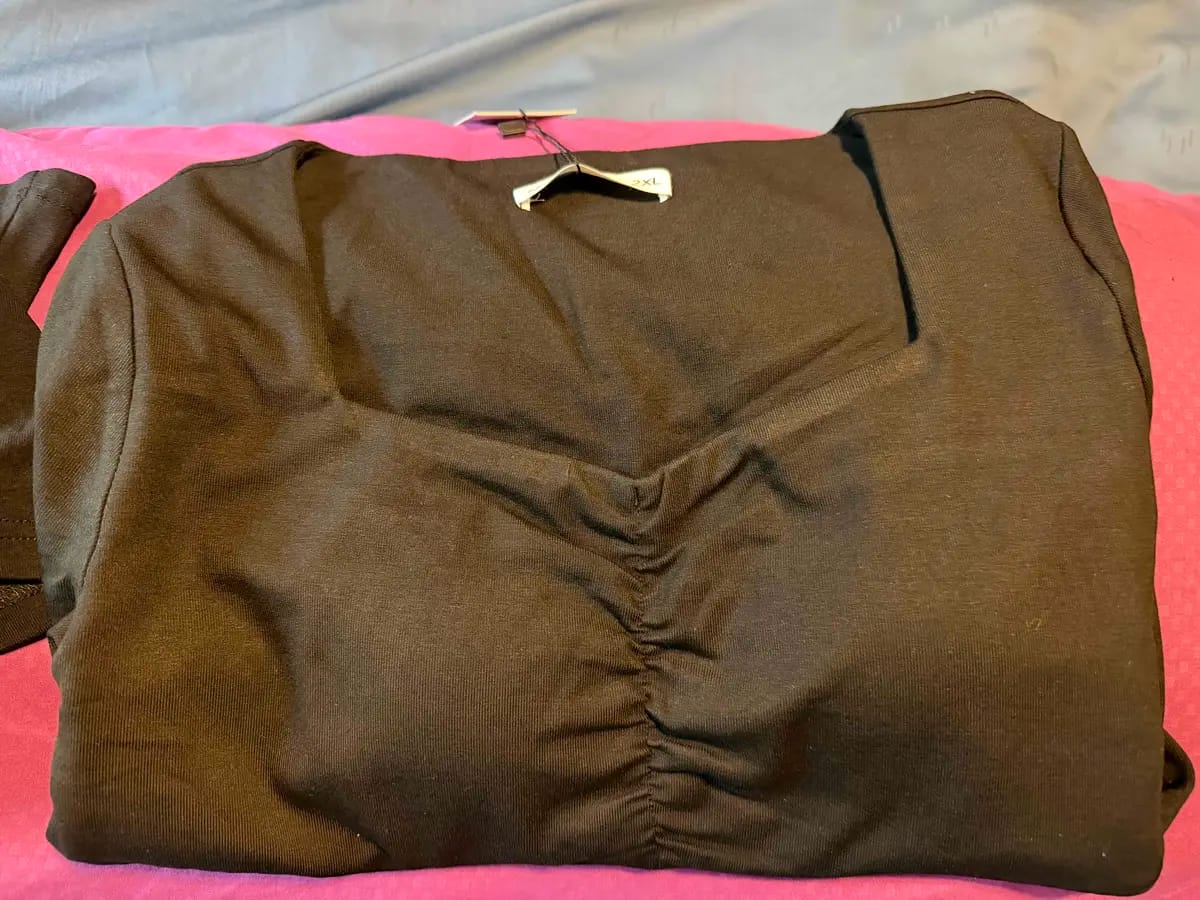 Customer photo review of Soft Stretch Diamond Neck Ruched Padded Tee