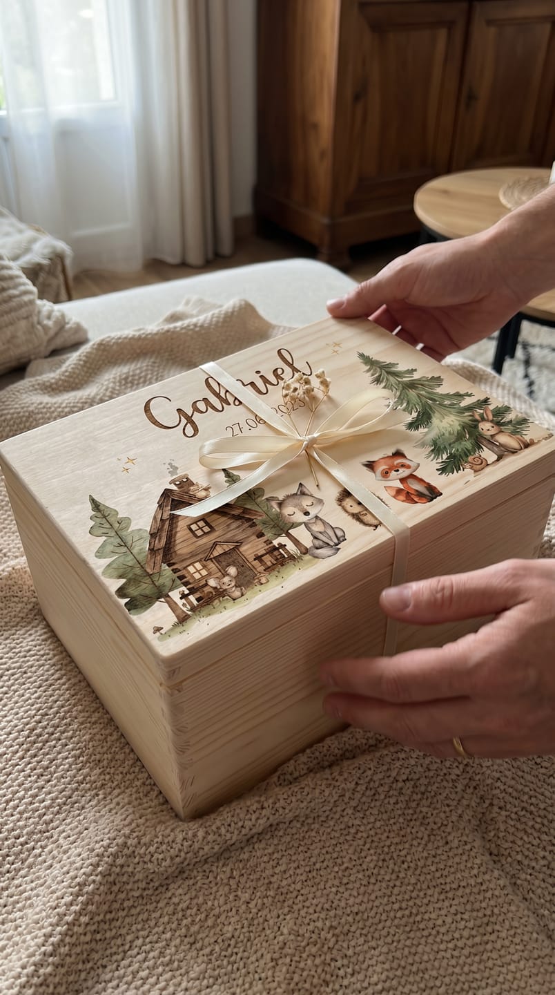 Customer photo review of Boîte à souvenirs bébé personnalisée – Cabane de la forêt