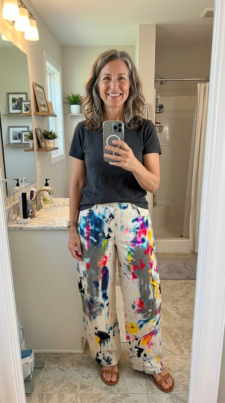 Customer photo review of High Waisted Wide Leg Buttoned Contrast Color Graffiti Printed Pockets Jean Pants Bottoms