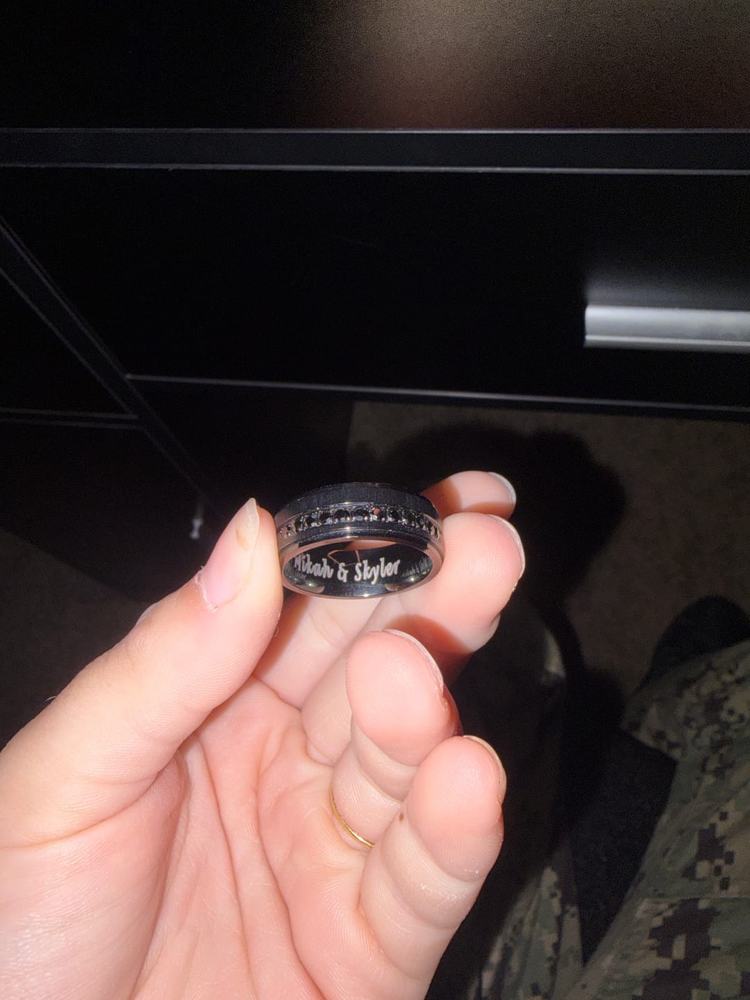 Customer photo review of 8mm Black Titanium Wedding Ring with Round Black Diamonds