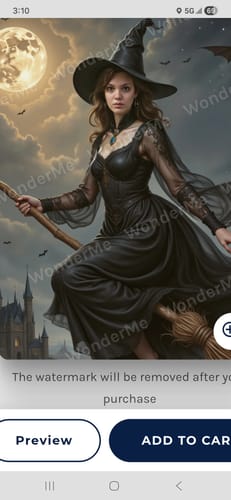 Customer's 'The Poised Witch' portrait of a witch in a black dress, flying on a broomstick before a full moon and castle.