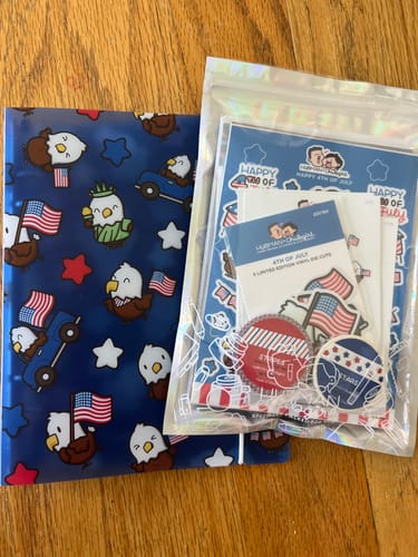 Reviewer's 4th of July Sticker Storage Binder displayed next to a matching sticker collection on a wooden surface.