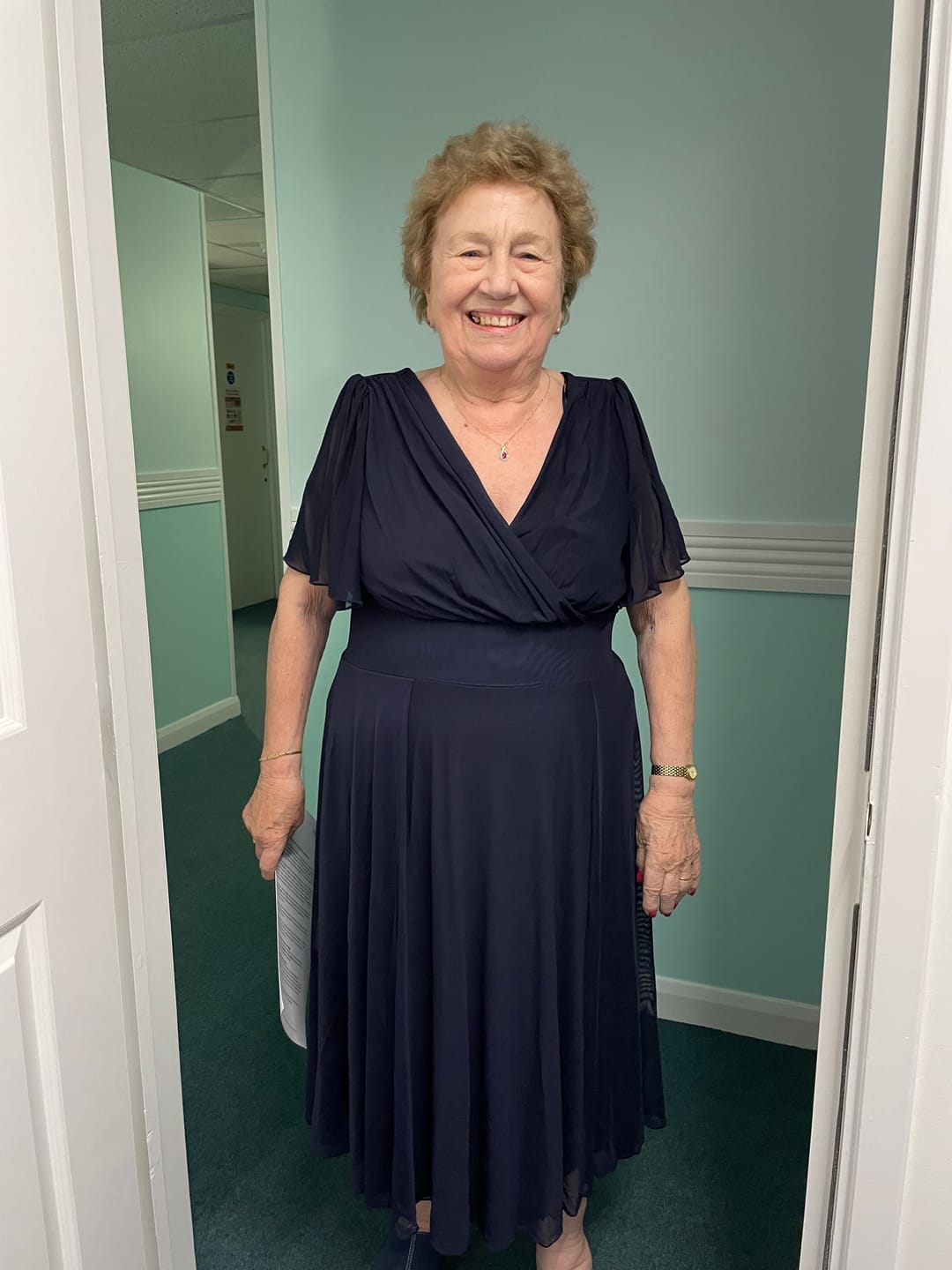 Customer photo review of Petite Victoria Solid Navy Angel Sleeve Mesh Midi Dress