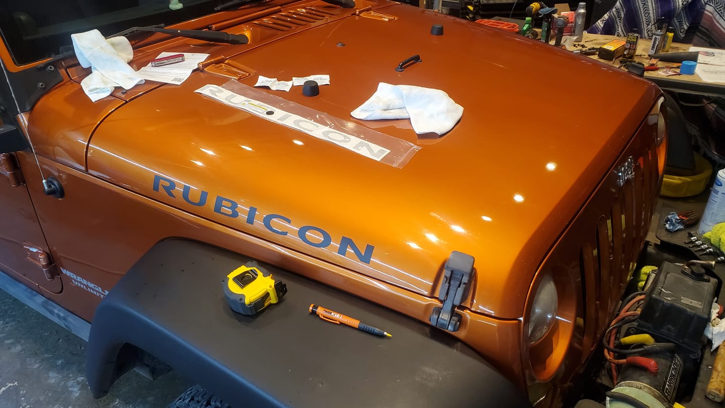 Customer photo review of Rubicon vinyl decal set fits Jeep Wrangler 2007-2016 hood