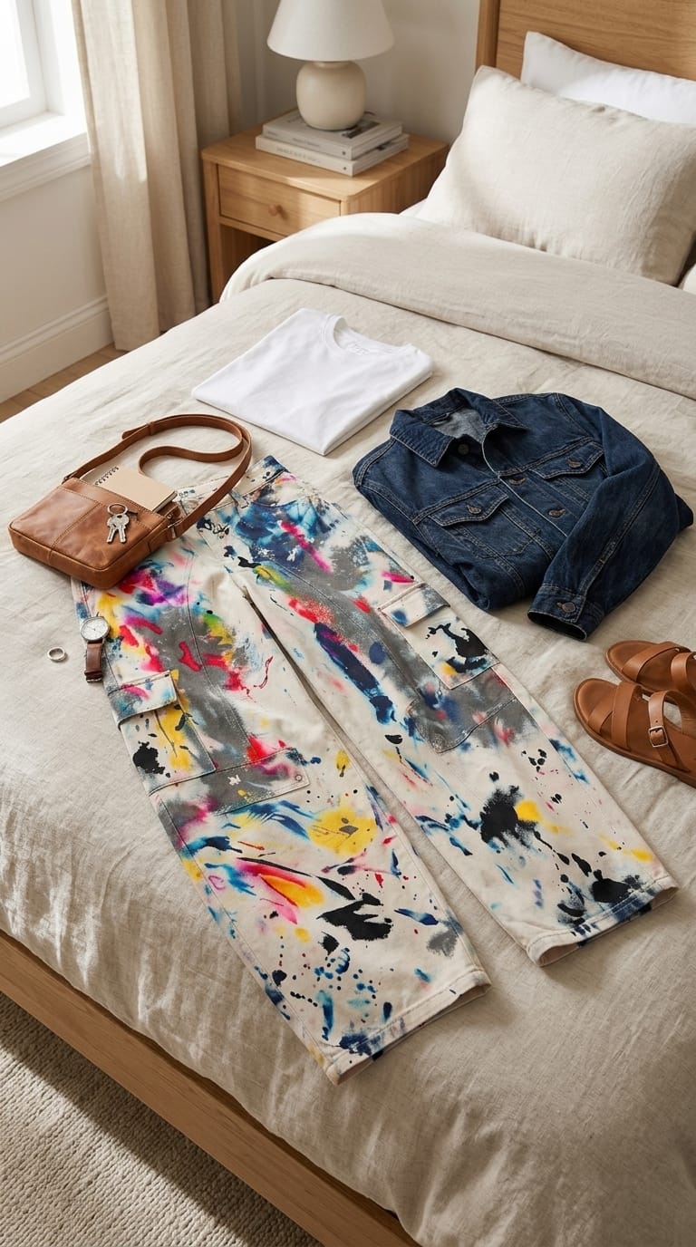 Customer photo review of High Waisted Wide Leg Buttoned Contrast Color Graffiti Printed Pockets Jean Pants Bottoms