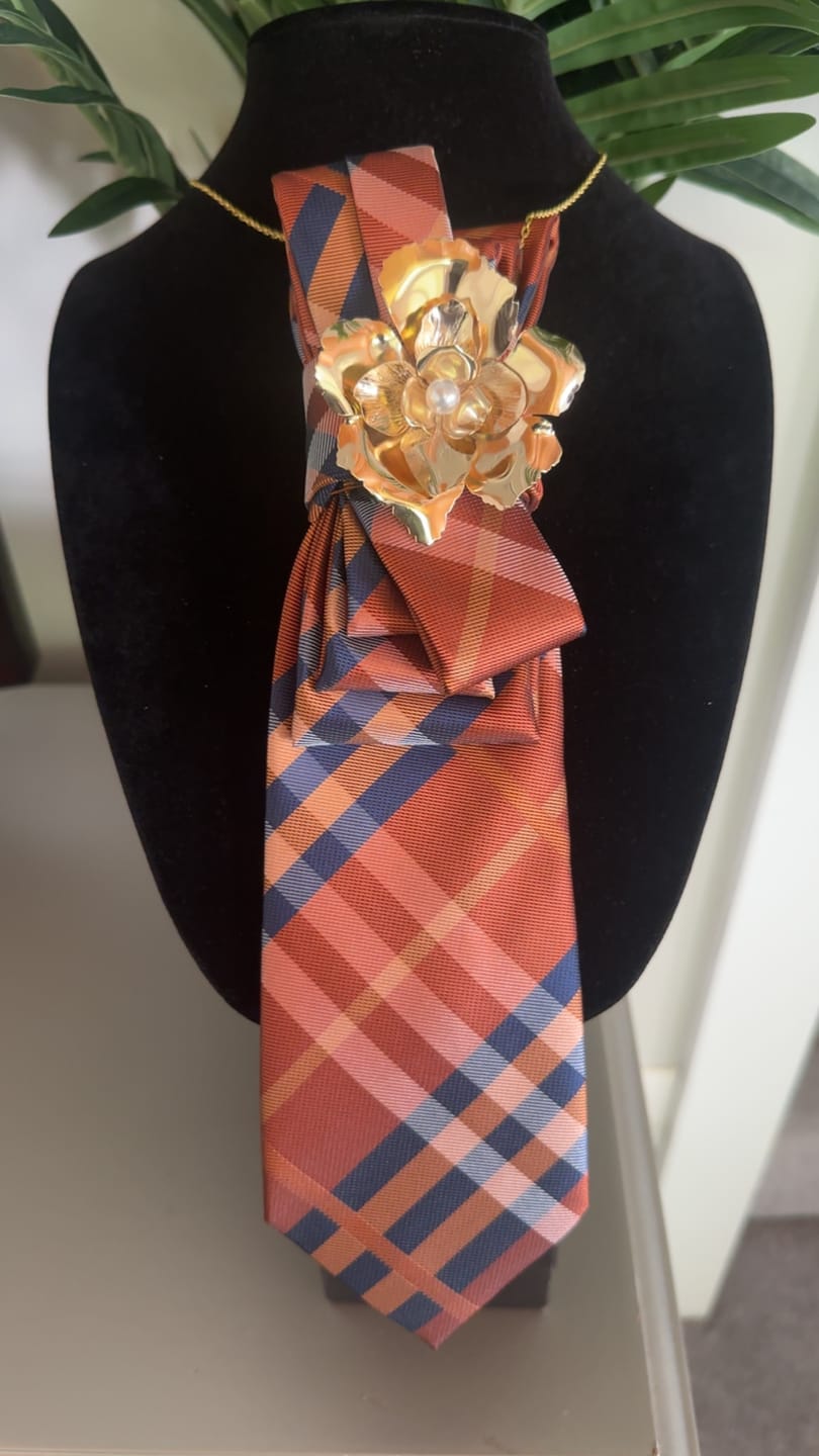 Customer photo review of Orange Blue Plaid Silk Men's Tie Hanky Cufflinks Set