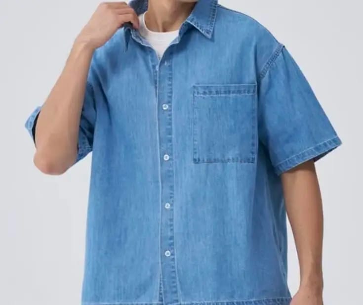 Customer photo review of Oversized Short Sleeve Denim Shirt